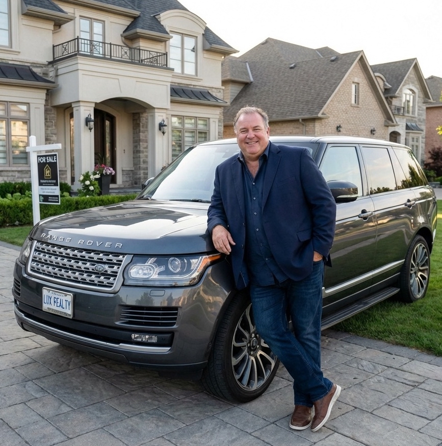Satter Makler posiert vor seinem teuren SUV und freut sich